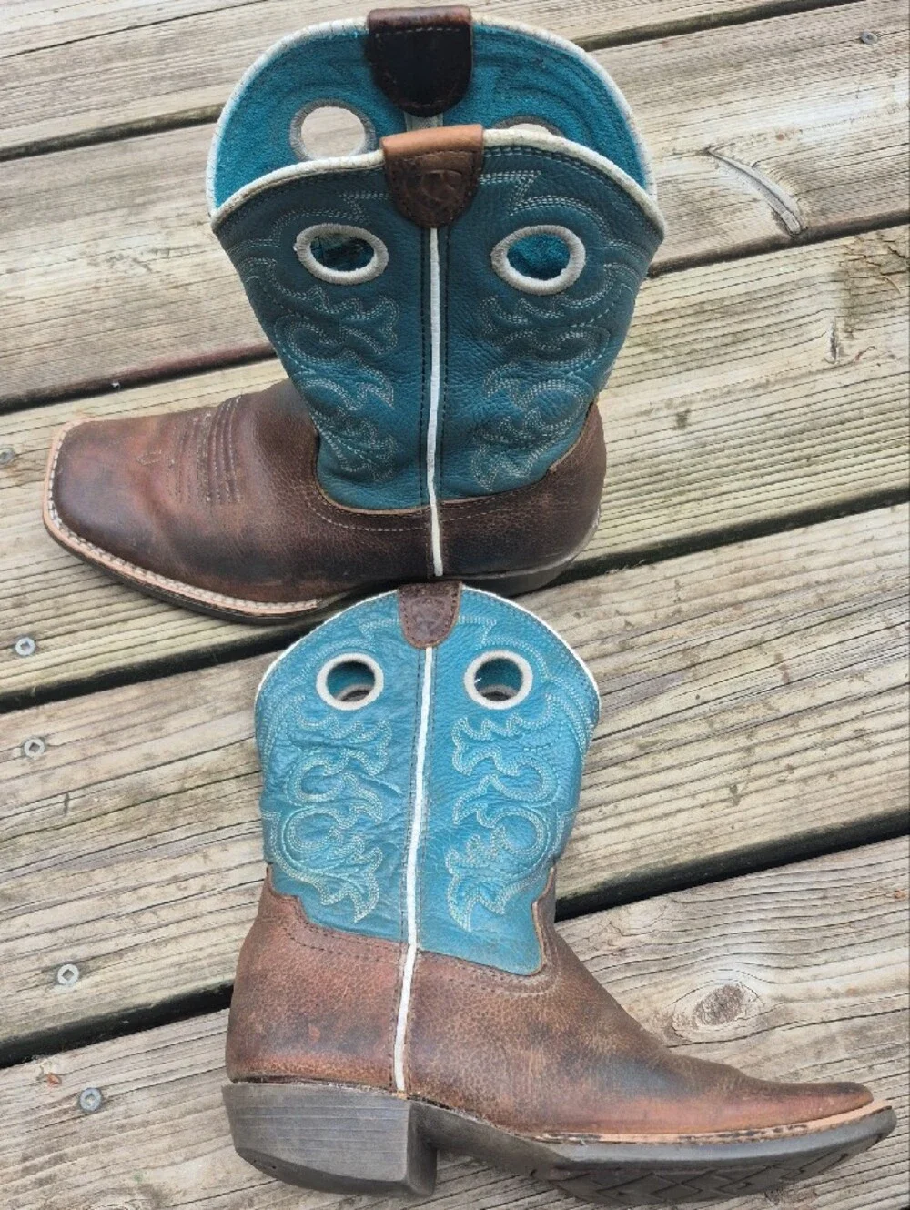 Ariat Teal and Brown Kids Pull-On Western Boots